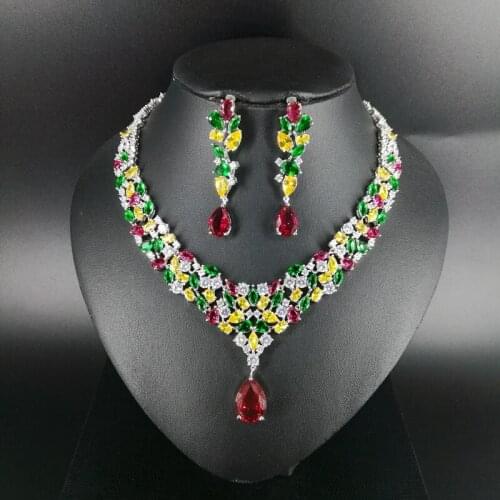 New fashion Luxury colorful water drop zircon necklace earring wedding bride banquet dressing dinner jewelry set,free shipping