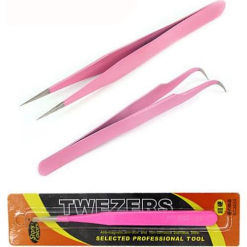 Professional Pink Anti-static Stainless Steel Eyelash Tweezers For Eye Lashes Extension Makeup Straight Or bend