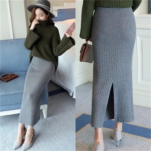 Hight Quality Autumn Winter Woolen Skirts Slim Belt Office Long Midi Skirt Step Pencil Skirt Knitted wool skirt T774