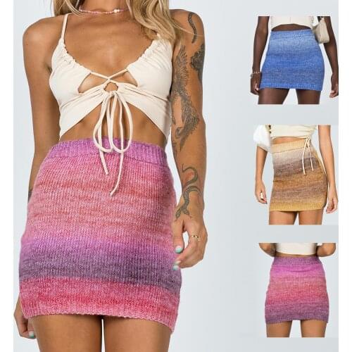 Spring Summer Mini Skirts For Women 2021 Fashion Gradient Color Cotton Fabric Wool Knitted Skirt Sexy Slim Faldas Jupe Femme