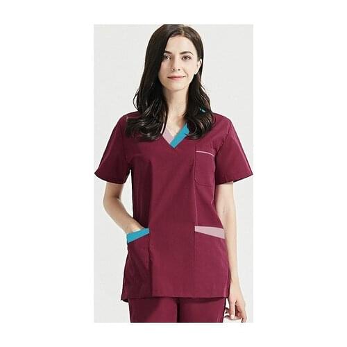 Women Scrubs Top Cotton Nurse Uniforms Long Sleeve Color Blocking Scrub Set Lab Doctor Workwear Clothes