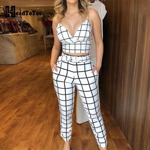 Grid Wrapped Cami Top & High Waist Pants Set Women Two Piece Set