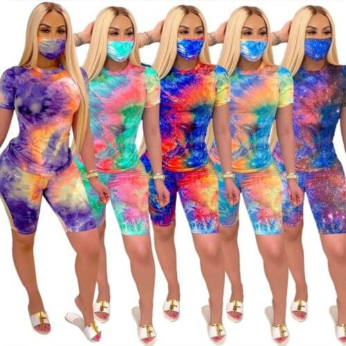 Women Tie Dye Print T-shirt Shorts Suit O Neck Short Sleeve Two Piece Set Sport Fashion Tracksuit Summer Outfits Matching Set
