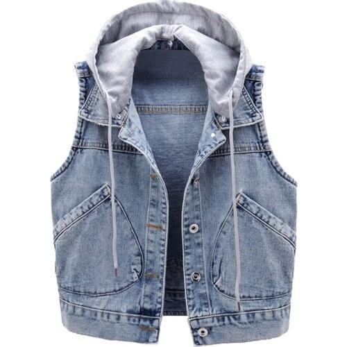 Womens Spring Autumn Sleeveless Vintage Hooded Blue Denim Vest Female Winter Plus Size loose Short Waistcoat 5XL TB332