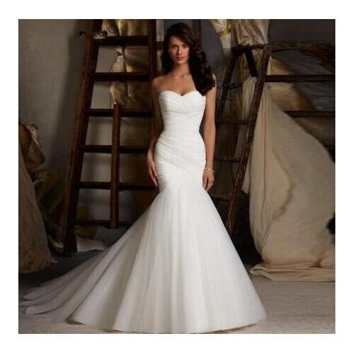 Cheap Wedding Dresses Mermaid Lace Up Tulle Pleat Bride Gown Dubai Arabic Abiti Da Sposa Vestidos De Novia De Noche