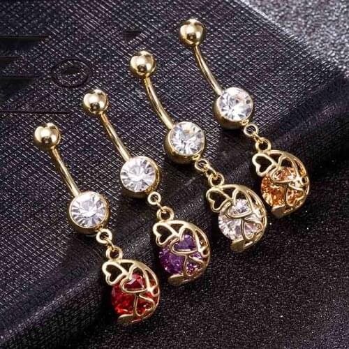 FORSEVEN Women Gold Hollowed Out Heart-shaped Zircon Belly Button Ring Surgical Stainless Steel Navel Piercing Body Jewelry BH