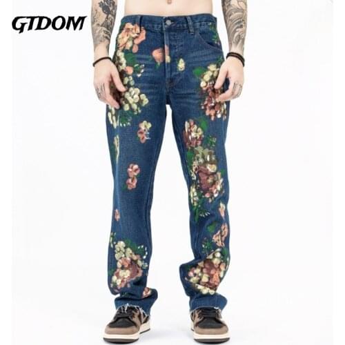 GTDOM Mens High Street Independent Popular Logo Hand-painted Heavy Industry Fashion Graffiti Flower Mustard Jeans Pants Couple