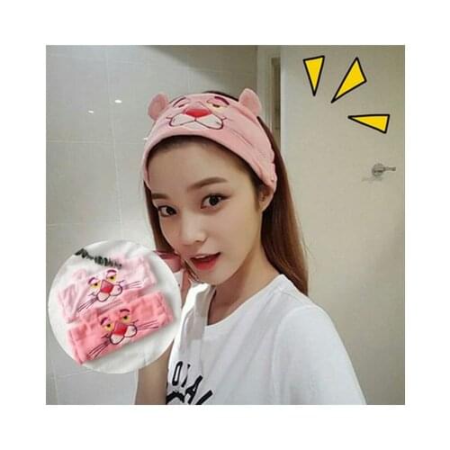 Korean Cute Cartoon Pink Panther Embroidered Headband Wash Makeup Hair band Elastic Cat Ear Turband Hair Accessories Headwear