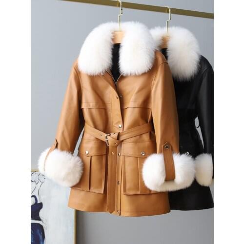 90% White Duck Down Womens Down Jackets Fox Fur Collar Coat Female Real Sheepskin Leather Jacket Women Invierno Mujer Zjt1744