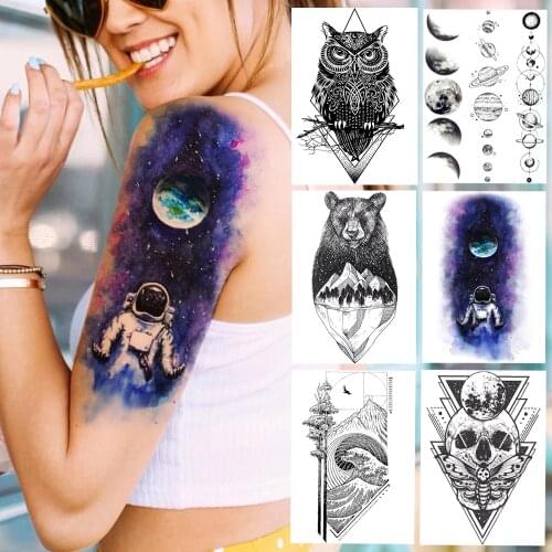 Purple Galaxy Earth Spaceman Temporary Tattoos Planet Chains Arm Tattoo Sticker For Men Women Waterproof Body Art Fake Owl Tatoo