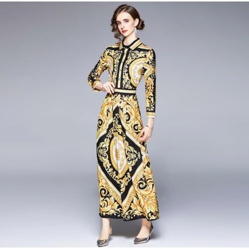OverSize Slim Casual Dress Printed Long Sleeve Fashion Dresses for Women Ankle-Length Mid-East Turn-down Collar Maxi Dress 2021