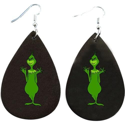 Green Color Faux Leather Christmas Grinch Earrings Two Layers Glitter Thanks Giving Gift Double Print Bulk Order