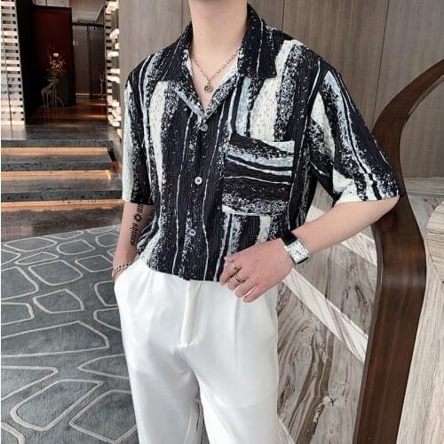 Summer ins retro ink printing Korean mens loose short sleeve shirt nightclub hairdresser yuppie shirt fashion