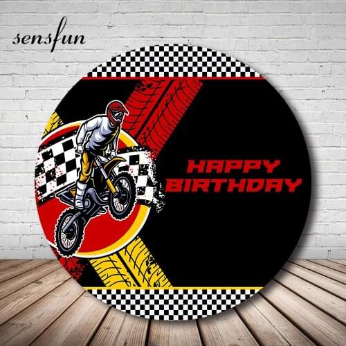 Sensfun Motorcycle Round Circle Backdrops For Cool Boys Birthday Party Black and White Plaid Photography Backgrounds Customized