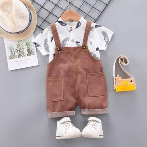 TELOTUNY Toddler Kids Baby Boy Girl Feather Print T Shirt Tops+Suspender Trousers Outfits Set Summer Children Clothing For 1-5Y