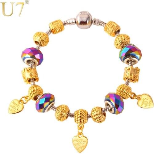 U7 European Style Bracelet Gold Color Crystal Jewelry Gift Romantic Heart Charm Bracelets For Women H623