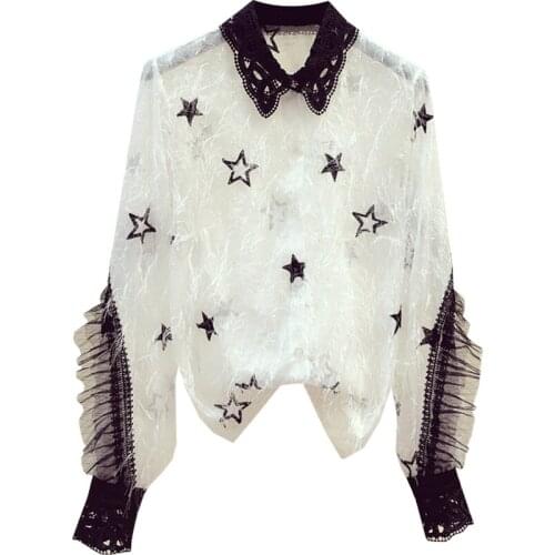 Embroidery Tassel Mesh Stitching Lapel Shirt Womens New Korean Style Loose Blouse Transparent Tops White Black 2021 Spring