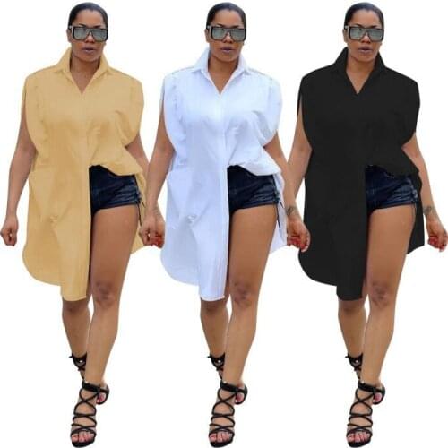 2021 Summer Women Casual Loose Shirts Solid Color Turn-down Collar Sleeveless Single-breasted Knee-length Blouses Hot Sales