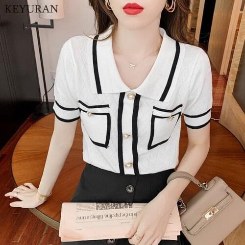 Women Summer Knitted T-Shirts Ladies Single-breasted Thin Argyle Ice Silk Knitwear Tops Contrast Color Short Sleeve T Shirts Tee