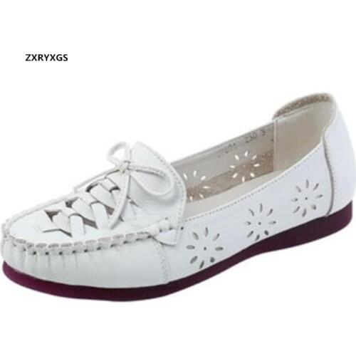 ZXRYXGS Soft Genuine Leather Hollow Hole Shoes Woman Sandals Casual Sneakers Sandals 2021 New Soft Sole Comfort Big Size Shoes
