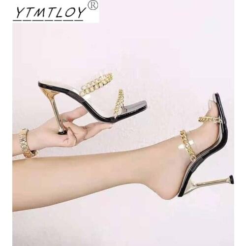 2022 Summer Elegant Pointed Ladies Slippers Fashion New Metal Chain High Heels Muller Sandals High Heels Zapatos De Mujer