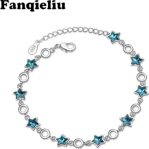 Fanqieliu 925 Sterling Silver Blue Star Crystal Charm Bracelets For Women Adjustable Link Chain Bangles Girls Gift FQL20169
