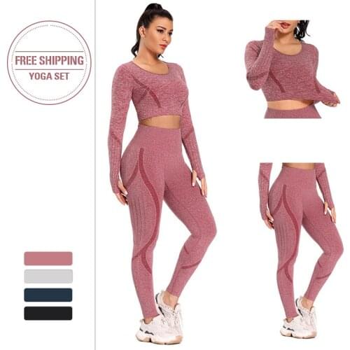 T Shirts + Pants 2 Pcs Women Fitness Yoga Set Long Sleeves Top High Waist Pants Sportswear Leggings + T Shirts Running Gym Suits