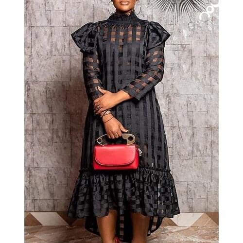 Plus Size Long Sleeve Black Dress 2021 Fashion High Waist See Through Loose Pullover Hollow Out Women Sexy Party Club Dress