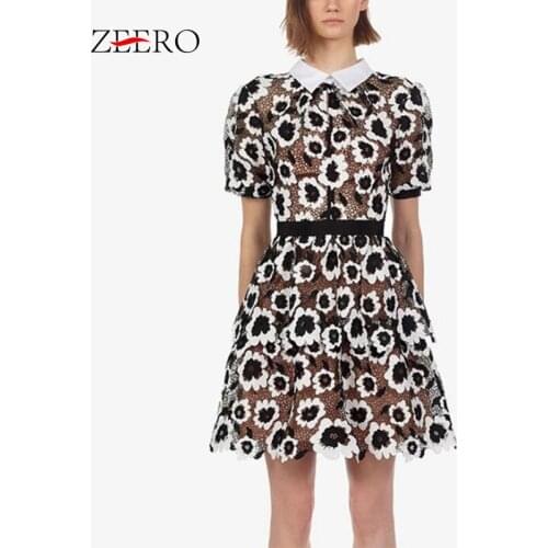 2021 Self Portrait Runway Women Lace Dress Summer Vintage Short Sleeve Lapel Slim Embroidery Flower Hollow A-line Lace Dresses