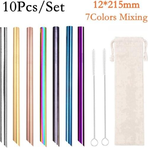 10Pcs/Set 12mm Mixing Color Reusable Drinking Straw Metal Straw 304 Stainless Steel Sharp Bubble Tea Straws Bar Party Accessory