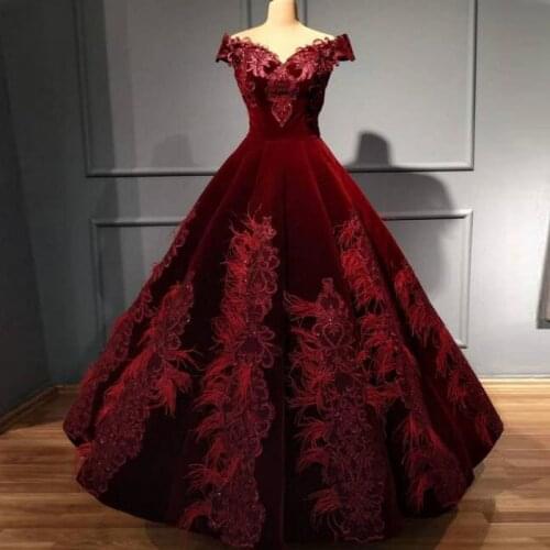 Burgundy Off The Shoulder Prom Dresses Lace Appliques A Line Evening Gowns Saudi Arabia Lace Up Back Robe De Soiree Formal Wear