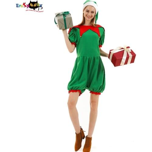 Eraspooky 2020 New Christmas Elf Costume for Women Santa Claus Cosplay Short Sleeve XMAS Jumpsuit Onesie Hat Party Fancy Dress