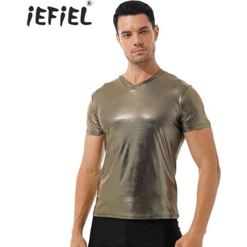 Summer Men Fashion Glossy Casual Tees V Neck Short Sleeve T-Shirt Club Dance Show Costume Shiny Metallic Tops Gym Sport T-Shirts