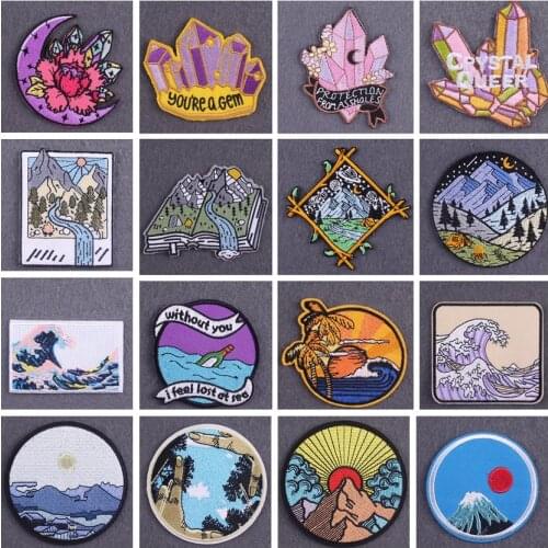 Mountain Camping Patches For Clothing Adventure Travel Badge Sea Wave Stripe Iron On Patches On Clothes Crystal Embroidery Patch