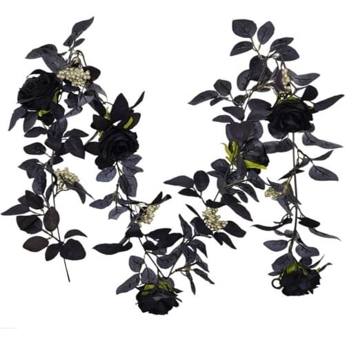 5pcs Artificial Black Rose String Flower Vine For Plant Wall Background Wedding Party Home Garden Hotal Office Bar Decorative