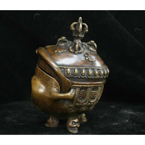 Chinese Tibet Buddhism Copper Brass Skull Statue Smoke Incense Burner Censer