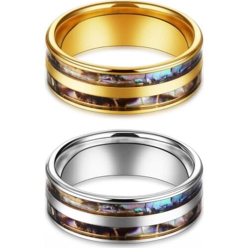 Stainless Steel Rainbow Rippled Abalone Beveled Rings Comfort Fit Inlay Carbide Shell Finger Rings Wedding Band for Men Jewelry