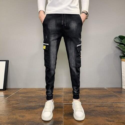 Korean Fashion Patchwork Design Side Pockets Denim Cargo Pants Men Clothes 2020 Simple Slim Fit Casual Jeans Joggers Trousers 36