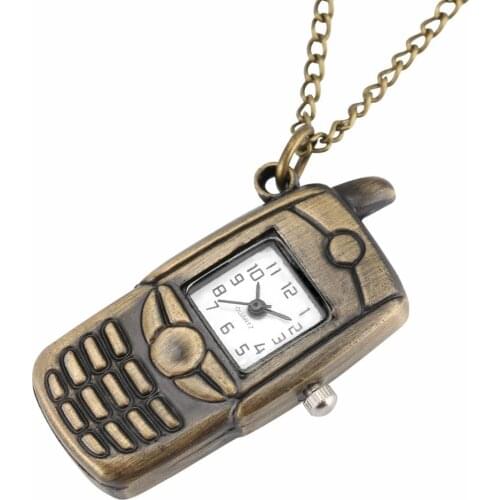 Small Bronze Mobile Phone Design Quartz Pocket Watch Retro 80cm Pendant Necklace Watch Vintage Chain Jewelry Gifts for Men Women