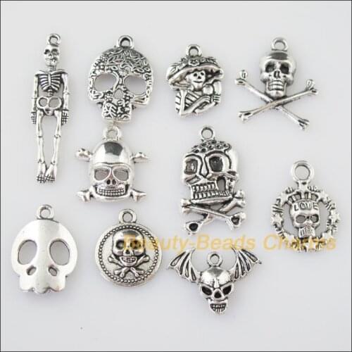 Fashion 10Pcs Antiqued Silver Color DIY/ Halloween Skull Mixed Charms Pendants