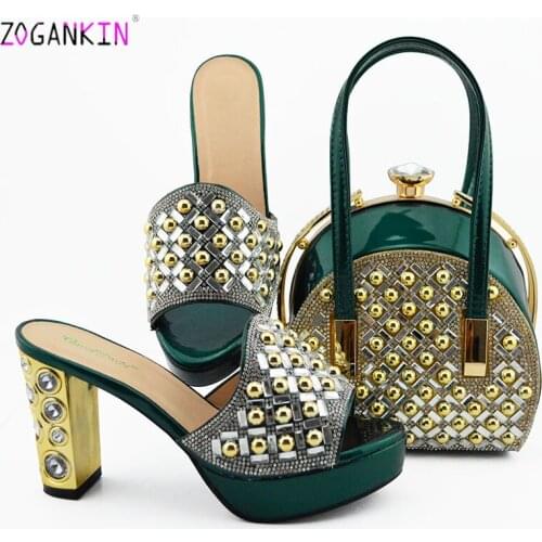 Latest Style Ladies Elegant Slippers With Matching Bag Set Italian Rhinestone High Heels Shoes And Bag Set For Evening Party