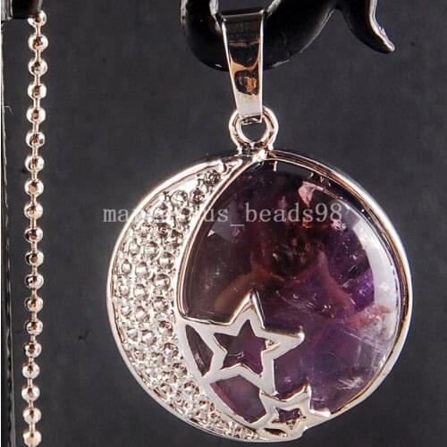 Free Shipping Beautiful jewelry Zinc Alloy Natural Purple Crystal Round Half Moon Star Men Women Necklace 1Pcs PC3918