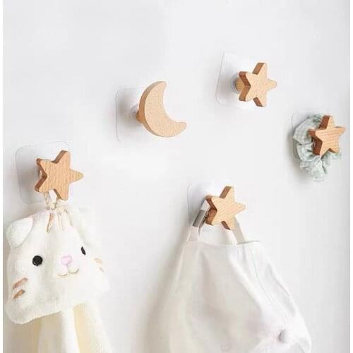 Self Adhesive Wall Hanger Mounted Solid Wood Star Moon Hook Towels Coat Bags Clothes Storage Hook