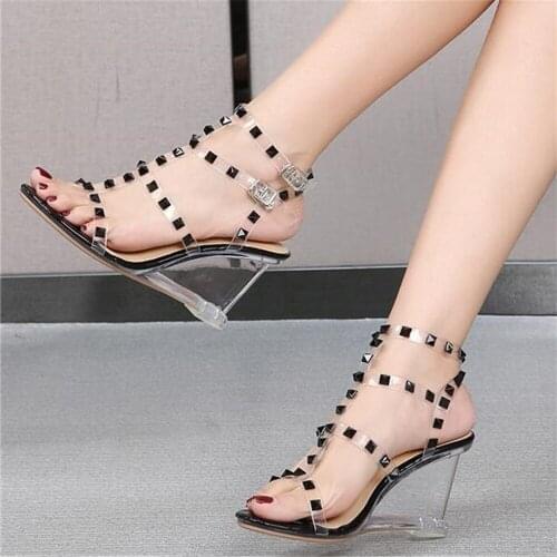 Fashion Summer Womens Rivet Sandals Sexy Crystal Transparent PVC Open Toed Jelly Shoes Wedge High Heel Gladiator Sandalias Muje
