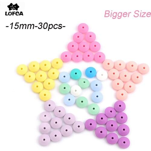 LOFCA Silicone 15mm Lentil Beads 30pcs Baby Teether Toys BPA Free Silicone Teething Pacifier Clips Jewelry Necklace Making Beads