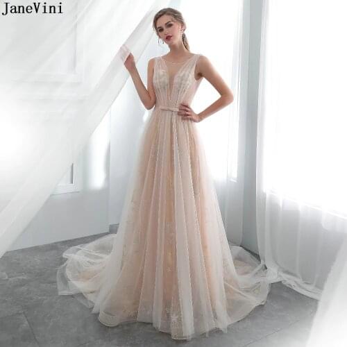 JaneVini Champagne Tulle Long Bridesmaid Dresses Sexy Sheer Scoop Neck Embroidery Pattern Backless Court Train A Line Prom Gowns