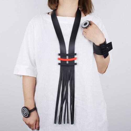 Ethnic Handmade Leather Necklace Retro Black Tassel Punk Style Pendant Necklace Neck Jewelry For Women Long Chain Gift For Mom