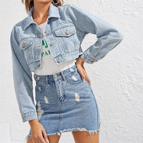 Light Blue Cropped Denim Jacket Women Fashion Button Pocket Turn Down Collar Jeans Jackets Coat Autumn Winter 2021 Veste En Jean