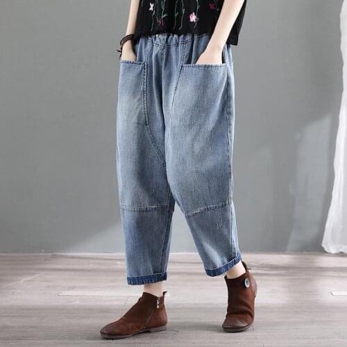 Womens High Waist Jeans Vintage Large Pockets Harem Pants Female Ankle-Length Pants Loose Oversized Women Denim Pants