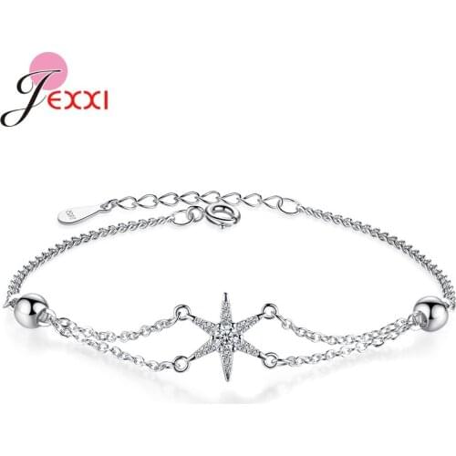 Women Simple Elegant Cubic Zirconia Rhinestone Hexagonal Star 925 Sterling Silver Charm Bracelet Jewelry Fine Chain Bangle Bijou